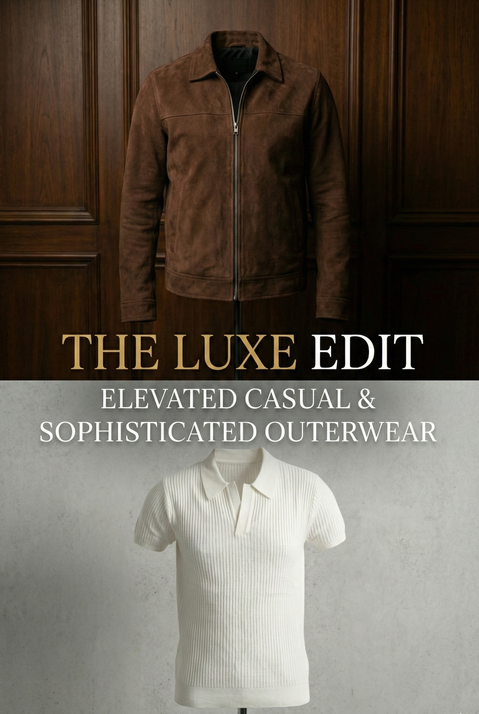 Brown jacket on a wooden panel background with 'The Luxe Edit' text.